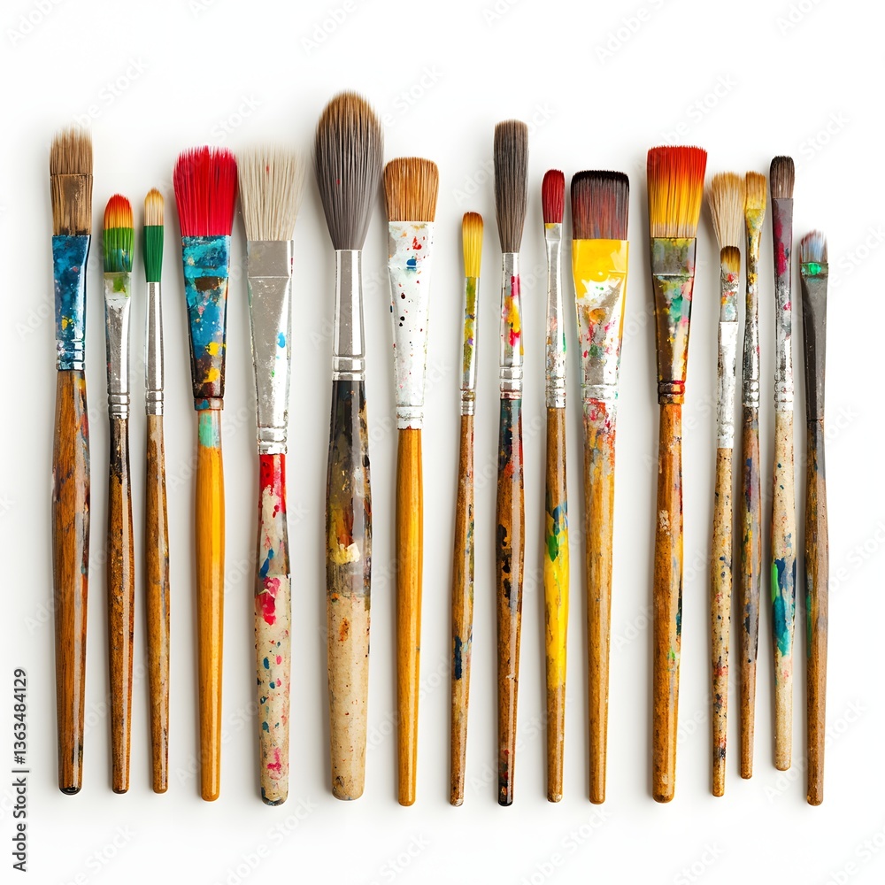 Fototapeta premium A Collection of Used Paintbrushes with Vibrant Colors Arranged on White Background