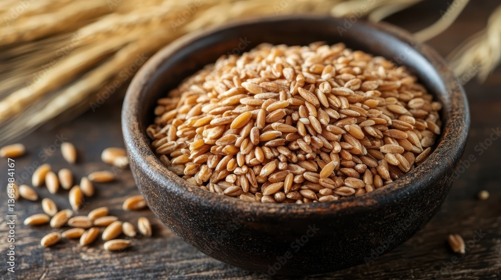 Dark rustic bowl holding hearty farro grain, wheat stalks sprawling beside wooden surface, embodying rustic agricultural warmth and natural culinary simplicity Dark rustic bowl holding hearty farro grain, wheat stalks sprawling beside wooden surface, embodying rustic agricultural warmth and natural culinary simplicity