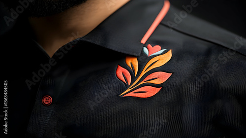 Close-up of Black Polo Shirt with Orange Floral Embroidery