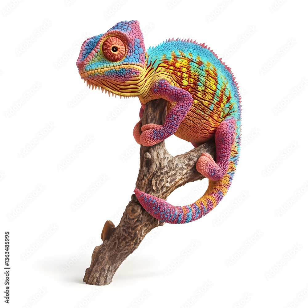 Obraz premium Vibrant Chameleon on Branch Colorful Reptile on Wooden Twig Isolated on White Background