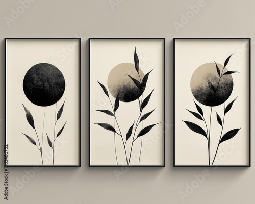 Abstract triptych featuring stylized black flora against a neutral backdrop