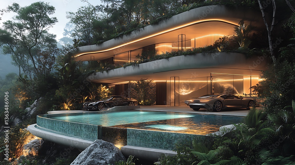 Fototapeta premium A luxurious houses and villas with swimming pool and some luxurious car with background some tree and beautiful background