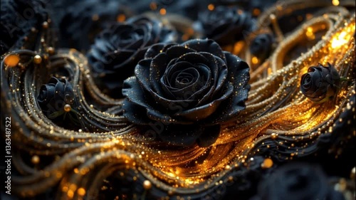 Composition with black roses decorated with gold glitter. Dark luxury background.