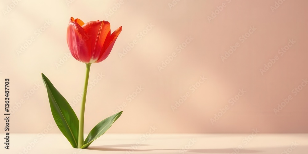 Fototapeta premium A single, vibrant red tulip stands tall against a soft, peach-colored backdrop, bathed in the gentle glow of sunlight.
