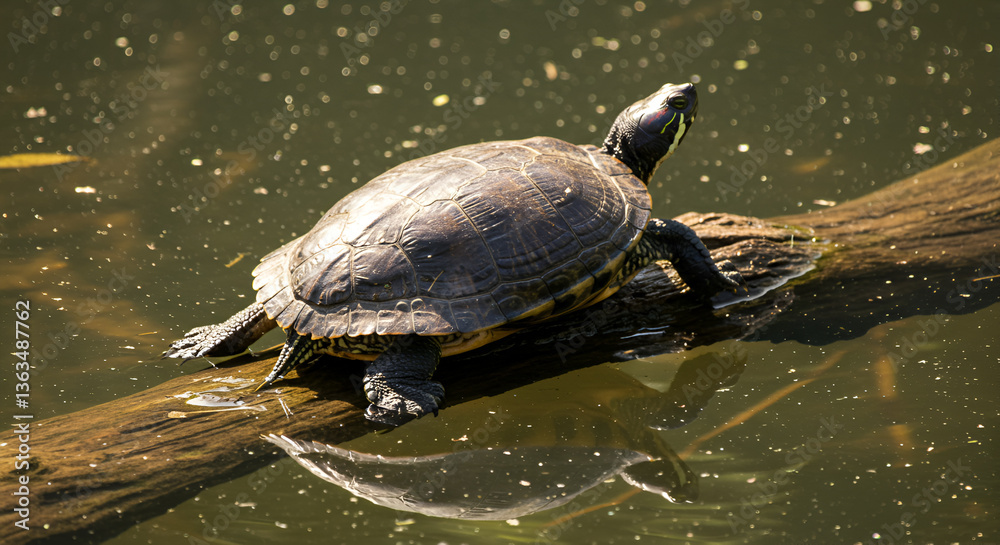 Fototapeta premium Red-eared slider enjoying the sun basking on a log in a pond nature scene