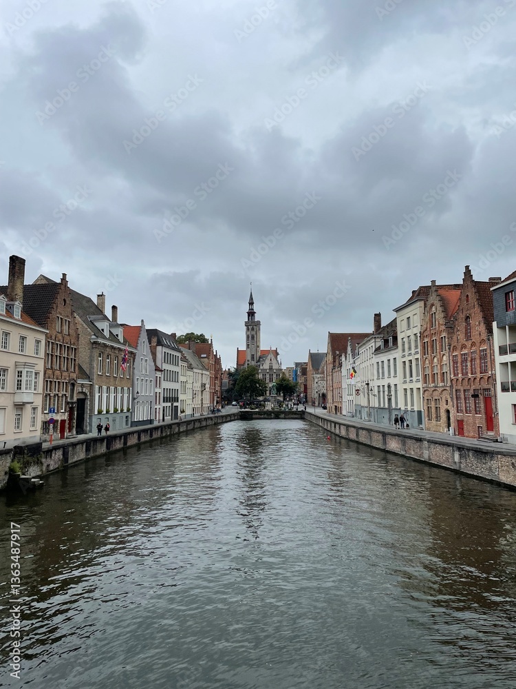 Fototapeta premium picturesque view of one of Bruges' iconic canals, lined with charming historic buildings that showcase the city's medieval architecture.