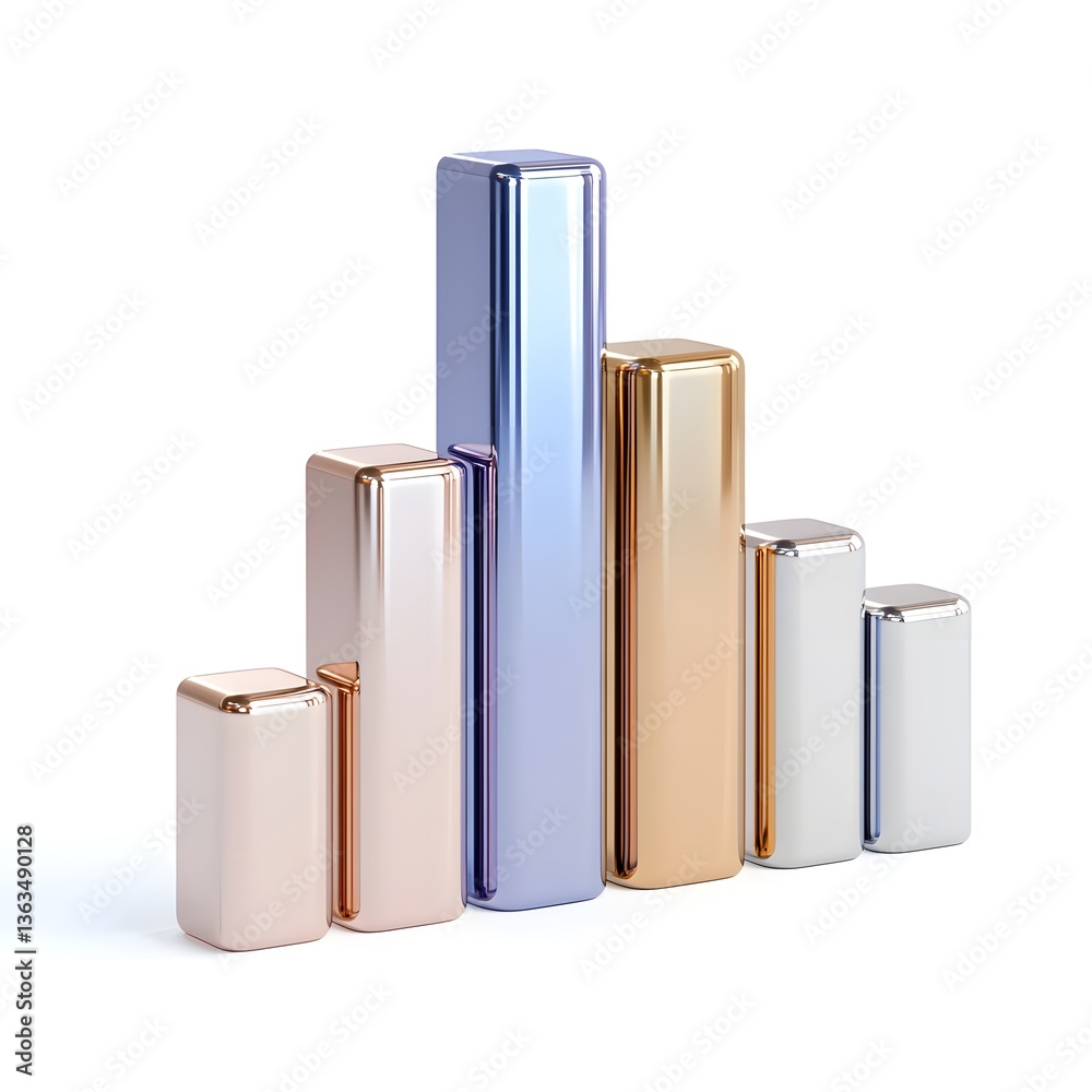 Metallic Bar Graph 3D Render of Polished Gold Silver and Rose Gold Bars Business Growth Chart