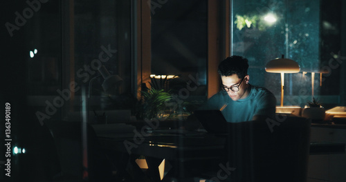 Photos Overtime, late or man on tablet for startup report, post deadline or online update research
