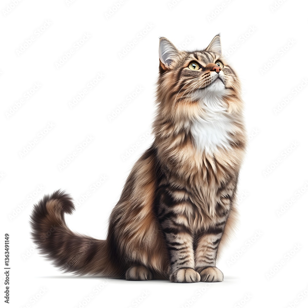 Fototapeta premium Adorable Longhair Tabby Cat Sitting and Looking Up Fluffy Pet Animal Portrait