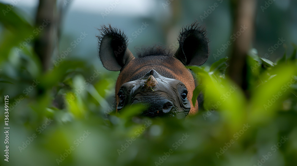 Obraz premium Close-Up Portrait of a Young Rhinoceros in Lush Green Tropical Foliage
