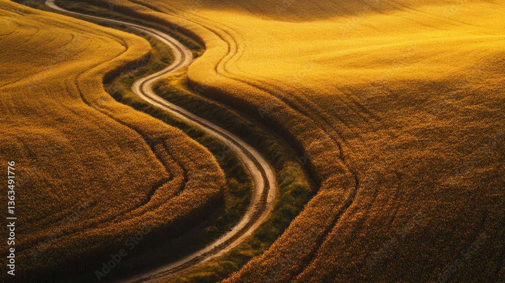 Naklejka premium Winding dirt road amidst golden wheat fields under warm sunlight landscapes