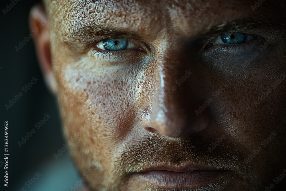 Obraz premium Close-up of a man's face showing stubble and striking blue eyes with a textured skin surface