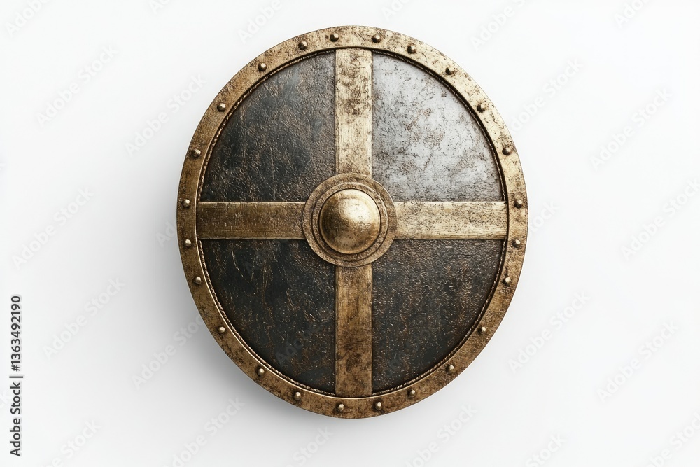Naklejka premium Isolated Medieval Viking Shield with Metal Cross Design on White Backdrop