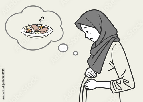 Sick Asian Muslim pregnant woman wearing headscarf veil placing hands on the stomach feeling hungry and want to eat while fasting, isolated over white background.