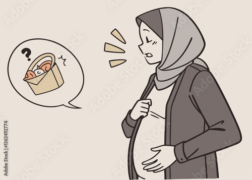 Sick Asian Muslim pregnant woman wearing headscarf veil placing hands on the stomach feeling hungry and want to eat while fasting, isolated over white background.
