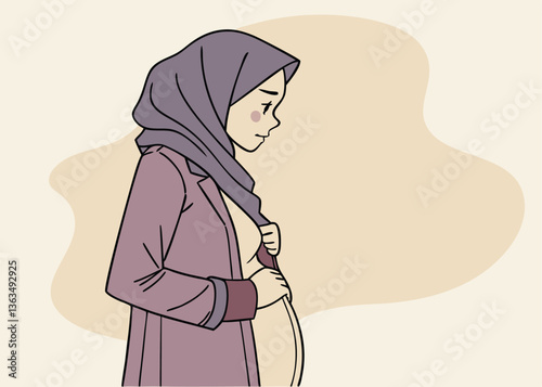 Sick Asian Muslim pregnant woman wearing headscarf veil placing hands on the stomach feeling hungry and want to eat while fasting, isolated over white background.