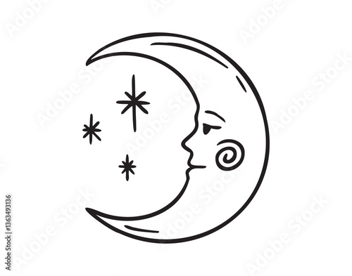 Moon face doodle element. Mystical cartoon whimsical boho style. Moon space cosmic line icon.