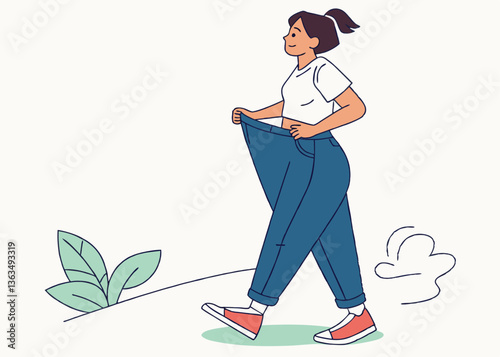 Diet and weight loss concept. A young Asian woman in oversized jeans isolated on a white background.