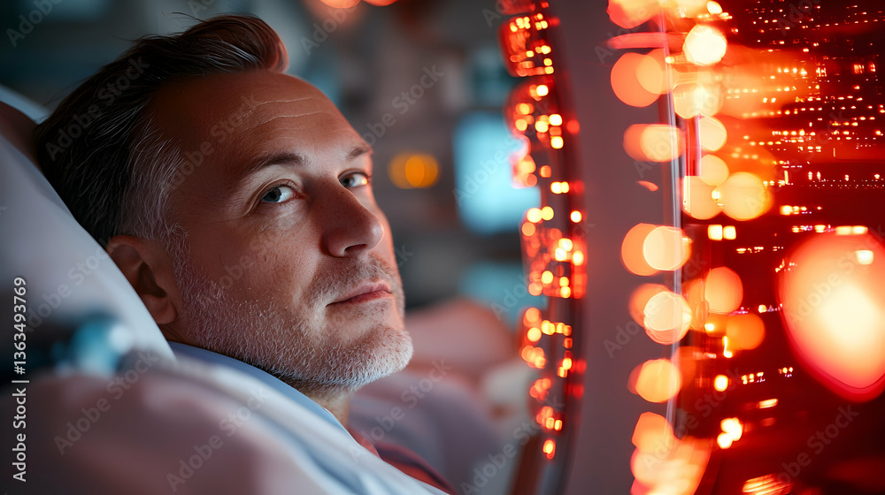 Obraz premium Closeup of a Contemplative Man Against a Red Circuit Board Background