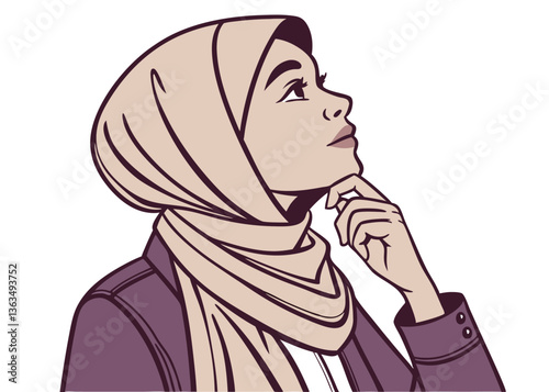 A pretty hijab Indonesian Model smiling while looking away from the camera. With her hand on her chin. Isolated in a blue background