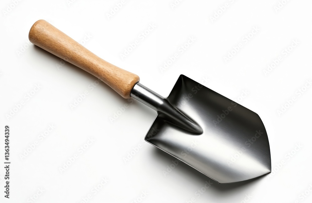 Metal garden shovel with wooden handle isolated white. Tool is perfect for gardening, landscaping, construction. Gardening shovel on white background. Garden equipment isolated. Top view. Metal garden shovel with wooden handle isolated white. Tool is perfect for gardening, landscaping, construction. Gardening shovel on white background. Garden equipment isolated. Top view.