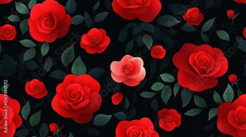   A bouquet of vibrant red roses against a dark background, surrounded by lush green foliage, featuring a single red bloom at center stage