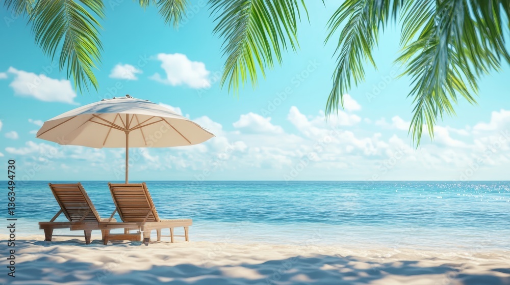 Two empty lounge chairs sit beneath a beach umbrella on a pristine sandy beach, inviting relaxation under the shade of palm trees with a breathtaking view of the turquoise ocean Two empty lounge chairs sit beneath a beach umbrella on a pristine sandy beach, inviting relaxation under the shade of palm trees with a breathtaking view of the turquoise ocean