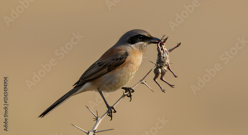 Bushshrike's culinary behavior: Impaling a frog prey item on a thorn branch