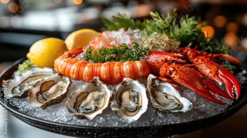 Gourmet Seafood Platter with Fresh Oysters, Lobster, and Shrimp Display