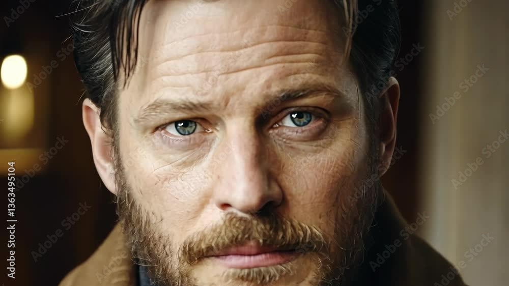 Intense portrait of a man with striking blue eyes and a thoughtful expression captured in an intimate indoor setting Intense portrait of a man with striking blue eyes and a thoughtful expression captured in an intimate indoor setting