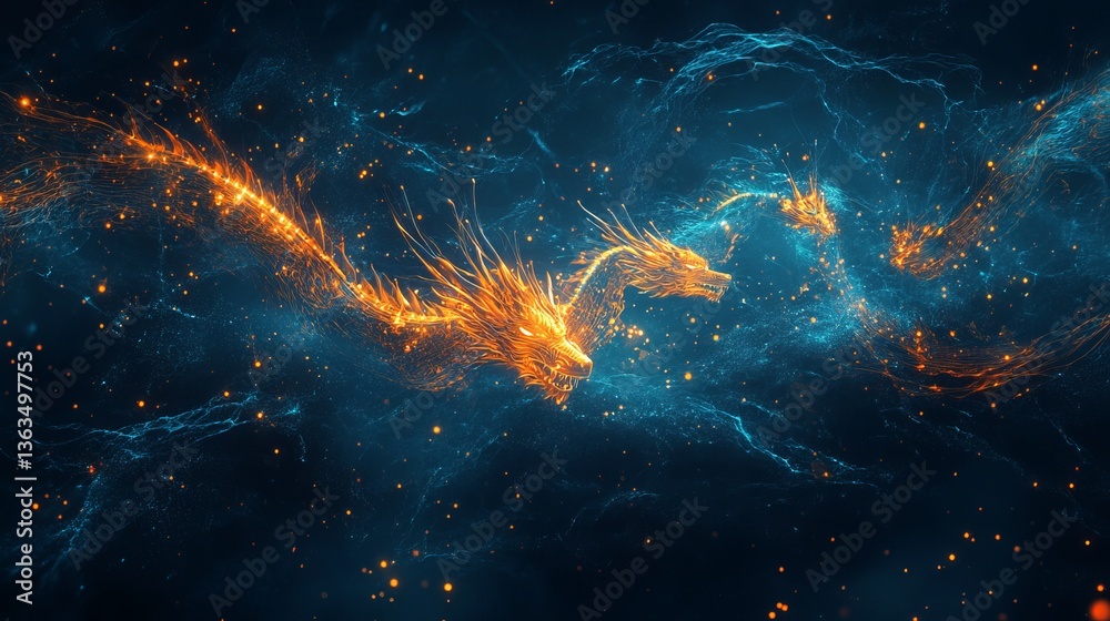 Abstract depictions of flying dragons set against a dark blue background, as a futuristic design element. A technological theme focused on artificial intelligence, neural networks, and big data Abstract depictions of flying dragons set against a dark blue background, as a futuristic design element. A technological theme focused on artificial intelligence, neural networks, and big data