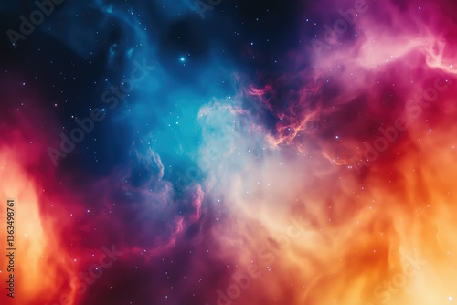 A vibrant nebula with swirling clouds of blue, pink, and orange gas illuminated by distant stars.