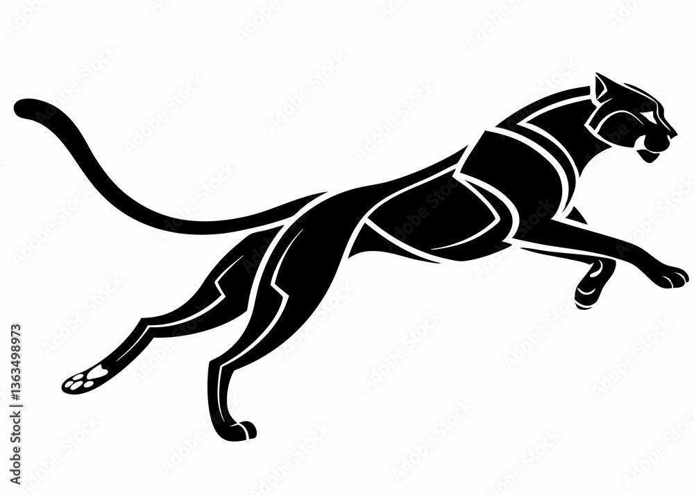 Obraz premium Jumping panther silhouette with extended legs and raised tail in fast leaping motion vector art