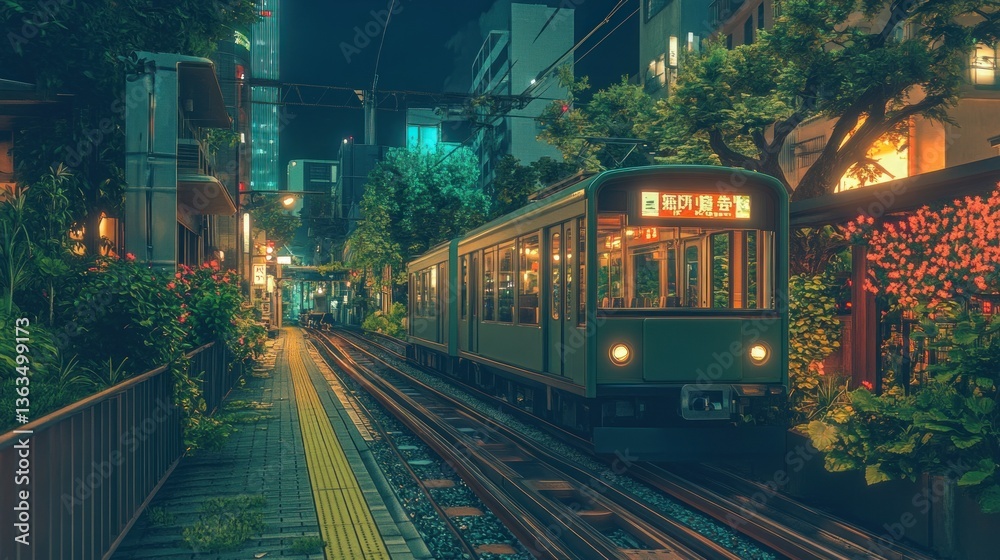 Fototapeta premium Night Train Arrives, Lush Alleyway, Urban Japan