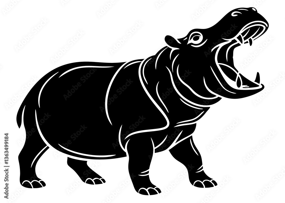 Fototapeta premium Hippo silhouette in strong roaring pose with wide jaw and sharp teeth bold vector art on white background