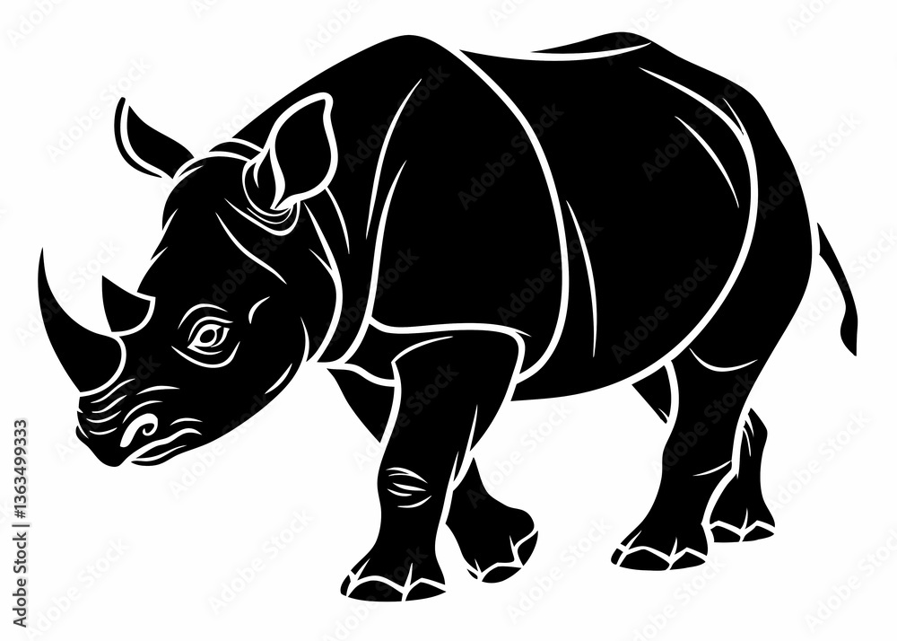 Fototapeta premium Heavy black rhino silhouette with thick curved horn and relaxed posture vector on white background