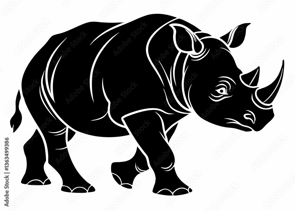 Fototapeta premium Vector silhouette of rhino facing forward with visible horn and thick body on white background for design