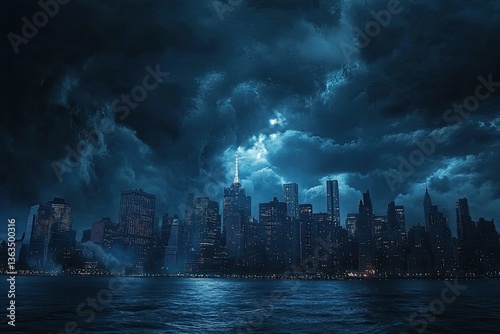 Stormy night over cityscape.  Vast dark clouds loom over a city skyline, illuminated by city lights, reflecting on a dark body of water