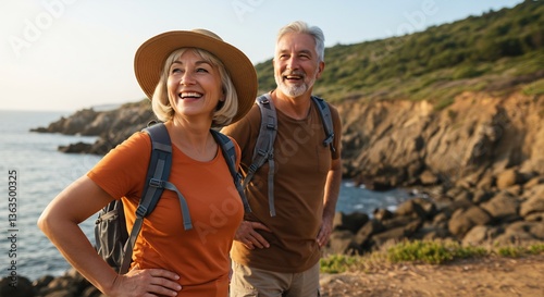Happy senior couple enjoying a coastal hike, wearing backpacks and smiling, ocean view in the background