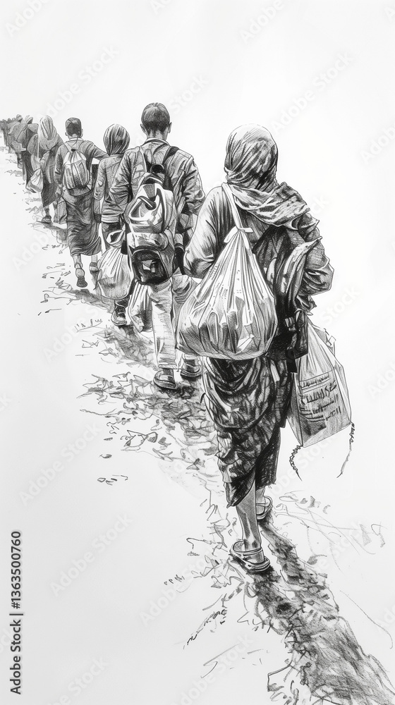 Obraz premium Sketch of a group of women wearing hijabs walking.
