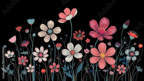 Wallpaper Mural Bunte Blumen auf schwarzem Hintergrund. Perfekt für Natur-Designs, Frühlingsmotive und lebendige Illustrationen. Torontodigital.ca