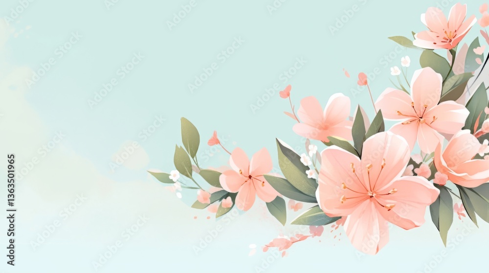 Fototapeta premium Hand-drawn floral vector background with pastel colors, featuring delicate flowers and leaves