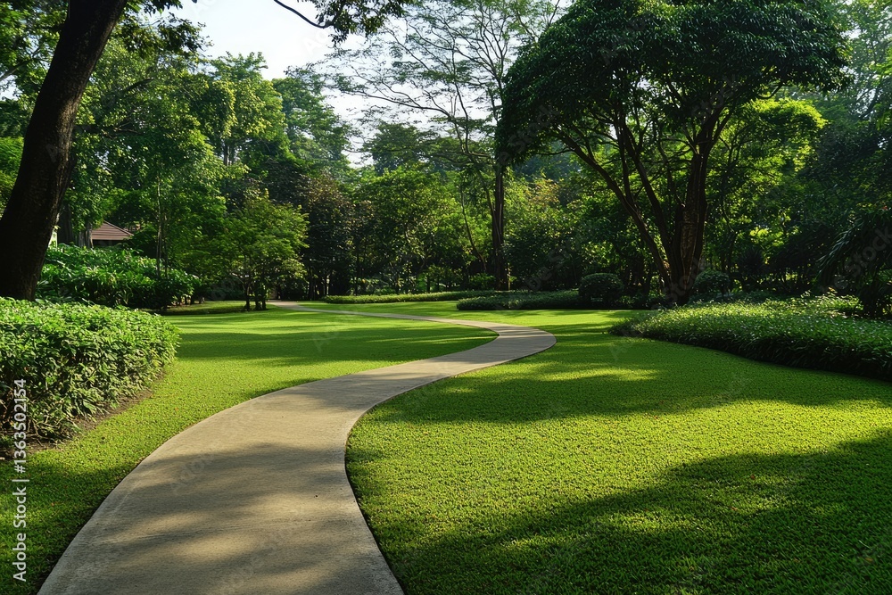 Serene park path winding through lush greenery