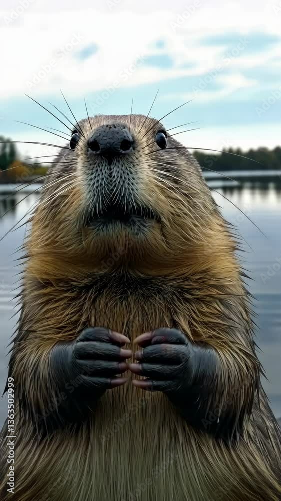 Curious otter holding food by the water's edge during a sunny day Curious otter holding food by the water's edge during a sunny day