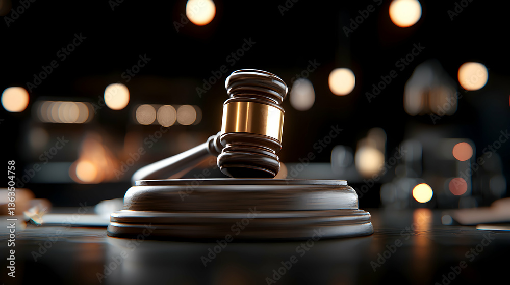 Gavel on Wooden Sound Block Against a Dark Bokeh Background Gavel on Wooden Sound Block Against a Dark Bokeh Background