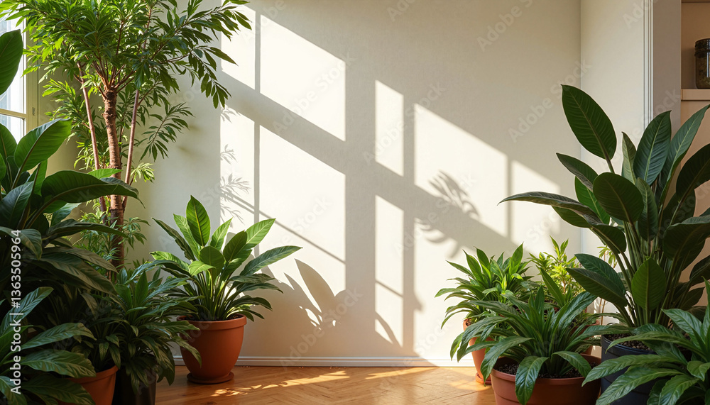 Serene indoor space with Urban jungle vibes, plants casting shadows on the wall