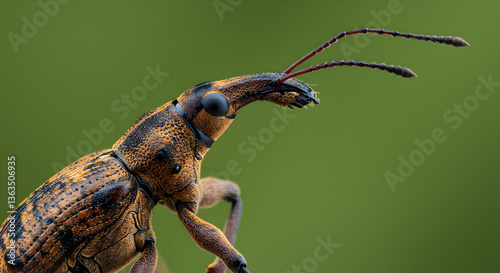 Detailed close-up of a giraffe weevil with an elongated neck on green background