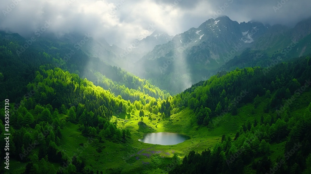 Fototapeta premium A stunning photo of a mountain range with a serene lake in the foreground and the golden sun filtering through the clouds in the backdrop