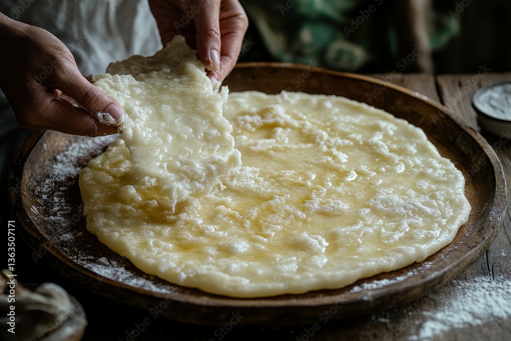 Fototapeta premium Hands carefully flipping Maql dough on a wooden plate, showcasing a minimalistic food preparation scene