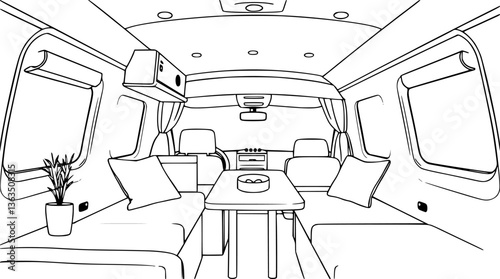 Outline of a modern caravan interior with compact furniture elegant vector illustration.